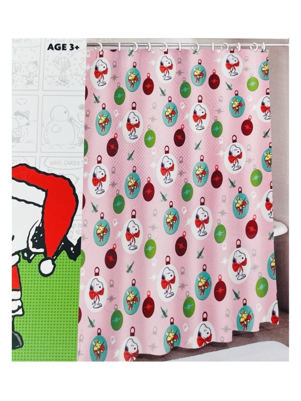 Peanuts nwt Pink Snoopy and Woodstock Holiday Christmas Shower Curtain 70 x 72